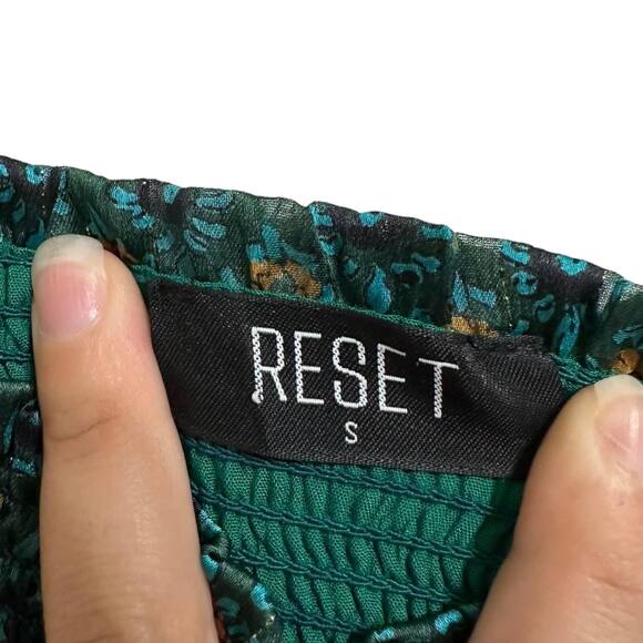 Reset The Sailor Green Combo Floral Smocked Tie Cropped Top Size Small #JT517L - Picture 3 of 5